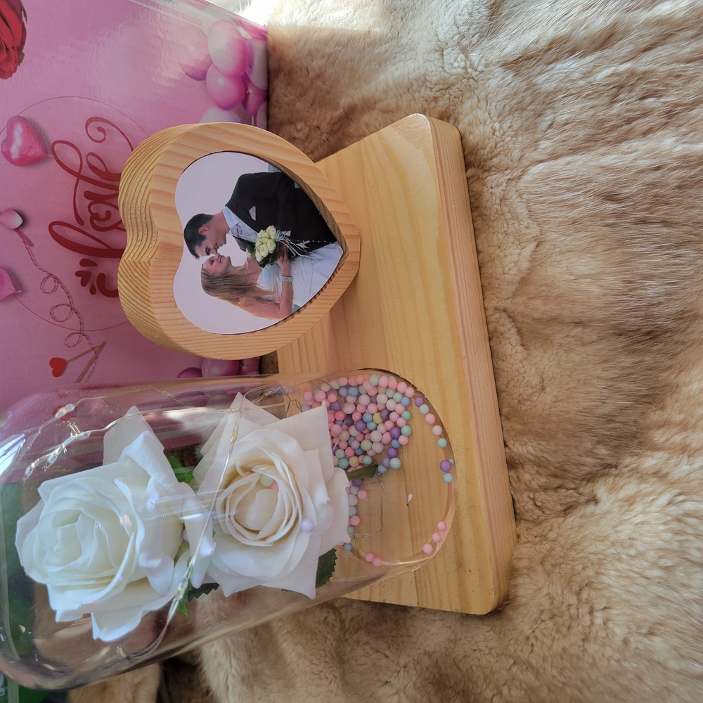 Heart-Shaped Wooden Photo Frame with White Roses